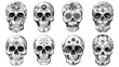 Set of six Sugar Skulls. Fancy skeleton heads. Four