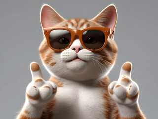 3d Portrait of a funny cat full face logo in sunglasses showing a gesture, isolated on a white background just face logo