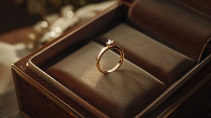 Sticker - A diamond ring displayed in a box on a table. Perfect for engagement or wedding concepts