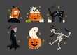 Cartoon illustrations for Halloween scary 90s style. Skeleton, pumpkin, ghost, Dracula. Set of groovy hippie doodle illustrations for October 31st