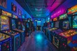 © ManusiaIkan - An immersive arcade experience with rows of retro consoles, glowing buttons, and colorful cabinet artwork, Generative AI