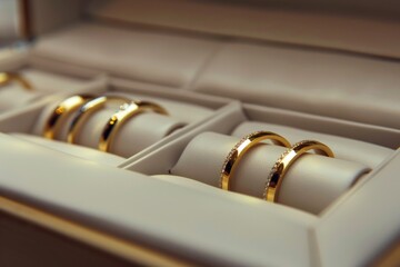 Wall Mural - Two gold wedding rings displayed in a box. Perfect for wedding and engagement concepts