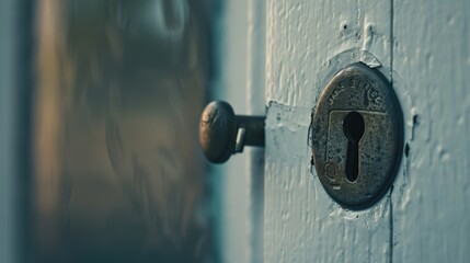 Wall Mural - Detailed view of a keyhole on a wooden door. Perfect for security concepts