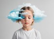 Imagination, Creativity and out-of-the-box thinking. Calm dreaming kid with soft clouds around the head