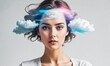 Young woman with lightning and clouds around the head