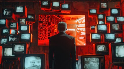 Wall Mural - a man standing in front of a wall of televisions. suitable for technology concepts