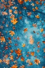 Poster - A bunch of leaves floating in the air. Suitable for nature and autumn themes