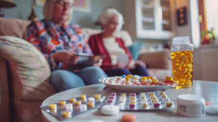 Sticker - A health visitor and a patient looking at medication plans and schedules on the coffee table, ensuring proper management, health visitor at home, blurred background, with copy space