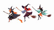 Cute Halloween witches flying on broomsticks clipart