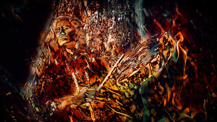 Poster - beautiful shamanic girl playing on shaman frame drum in the nature. Fire background