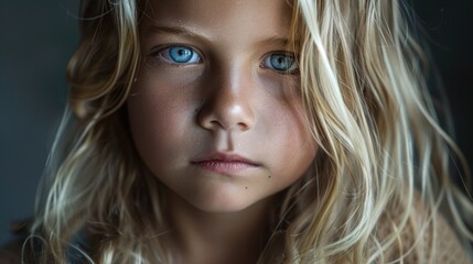 Sticker - Close up portrait of a young girl with striking blue eyes. Suitable for various projects