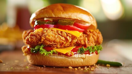 Poster - Fried chicken meat cheese and vegetables in a bun