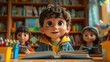 3D cartoon children in a library scene, vibrant isolated background
