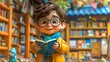 3D cartoon children in a library scene, vibrant isolated background
