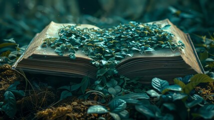 A book is open to a page with green leaves on it