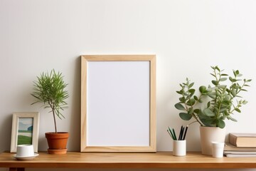 Picture frame resting on wooden table. Generative AI