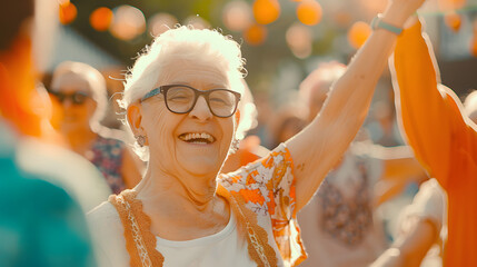 Wall Mural - A group of seniors dressed in festive attire, dancing and celebrating at a lively community event, elderly happy people, old age, bokeh 