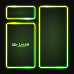 Wall Mural - glowing neon banners, illuminated colorful square frames. shiny vibrant border, glow effect. green v