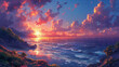Glorious sunrise painting the sky with vibrant hues over a tranquil coastal landscape