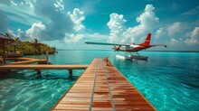 Male, Maldives - 14.08.19: Seaplane Parking Next To Floating Wooden Jetty, Mldives. Transmaldivian Airways, World Largest Seaplane Company
