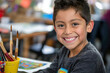 © AI_images - A Latino boy beams with delight as he participates in an art and creativity class, his enthusiasm for creating evident in his smile.