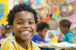 © AI_images - A young Afro-American boy exudes happiness as he engages in an art and creativity class, his smile reflecting the pleasure of creating something new.