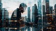 © Copper - Double exposure of a businessman working on a laptop with a cityscape background in the reflection. The man is sitting at his desk using a computer with skyscrapers in the reflection.