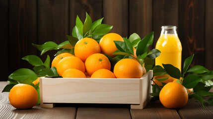 Wall Mural - Crate full of oranges and a bottle of orange juice, copy space