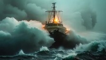 Ship Amidst Stormy Seas And Flames. Concept Adventure On The High Seas, Maritime Disasters, Survival Tactics, Dramatic Individual Portraits, Crashing Waves And Raging Fires