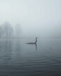A tranquil scene with a swan's silhouette gliding gently across a lake shrouded in mist, with vague outlines of trees in the background