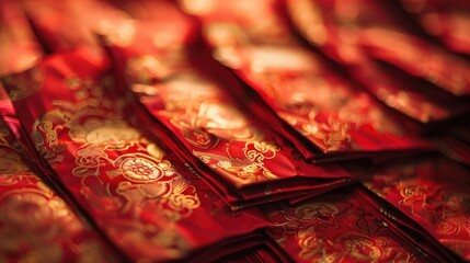 Wall Mural - A close-up of traditional Chinese red envelopes filled with lucky money