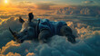 Illustration of a rhino wearing a blue nightgown resting and sleeping soundly above the clouds at dusk