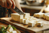 Fototapeta Kosmos - Generative AI Image of White Tofu Cut with Knife on Wooden Cutting Board