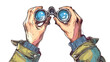 Human hands with binoculars magnifying glass spyglass