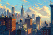 Stylized cityscape with warm light on iconic buildings at dusk