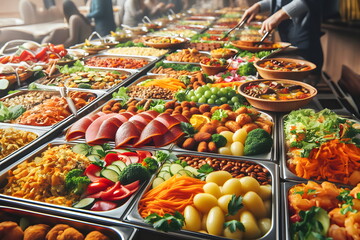 Wall Mural - several trays of food are lined up on a buffet table, closeup at the food, overflowing feast buffet table, delicious food