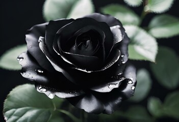 black rose with drops of water on it in front of dark background