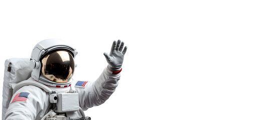 Wall Mural - Astronaut waving hand isolated on white background, panoramic banner with copy space for text