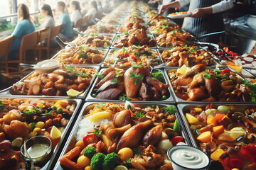 Wall Mural - several trays of food are lined up on a buffet table, closeup at the food, overflowing feast buffet table, delicious food