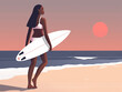 Illustration of a woman holding a surfboard on a beach at sunset.