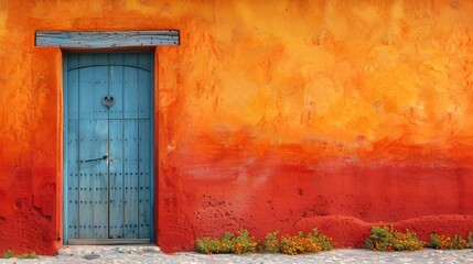 Sticker - a red and orange building with an open blue door on it