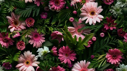 Poster - AI generated illustration of various pink and white flowers adorning a wall display