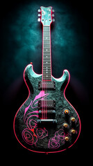 Wall Mural - A colorful guitar is shown in a photo with smoke in the background.