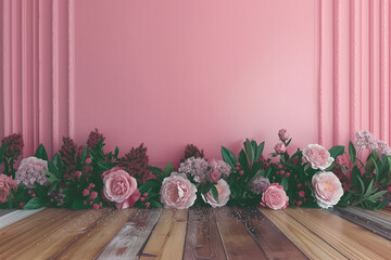 Poster - AI-generated illustration of delicate flowers on a wooden floor against a pink wall