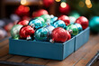 mage of a small box of christmas ornaments, blue, red , green, christmas scene