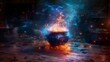 AI generated illustration of an unoccupied pot with a fiery blaze on a wooden surface