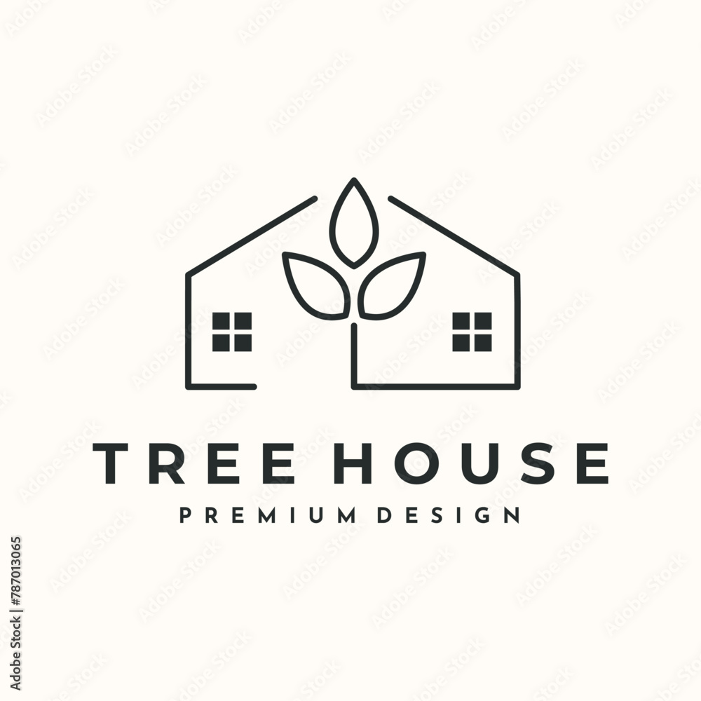 house of tree line art logo vector minimalist illustration design ...