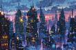 Vibrant futuristic cityscape with neon lights under a twilight sky