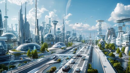 Wall Mural - A futuristic cityscape with cars driving on a road