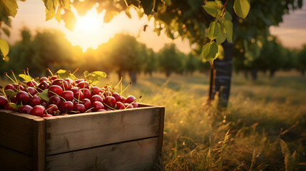 Wall Mural - Cherries harvested in a wooden box in an orchard with sunset. Natural organic fruit abundance. Agriculture, healthy and natural food concept. Horizontal composition.